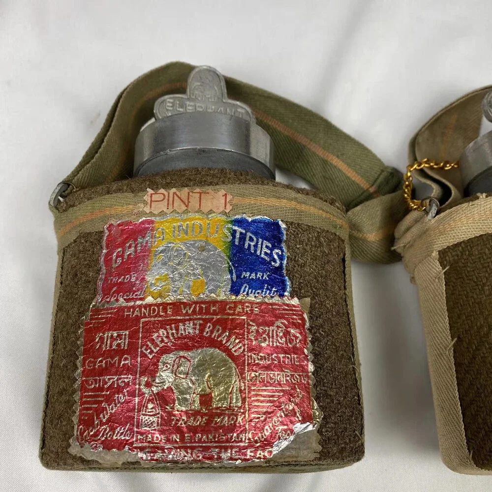 Pair Of Vintage Elephant Brand E. Pakistan Water Bottle Strap Wool Insulation